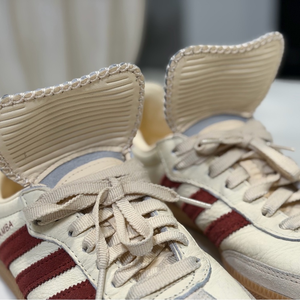 adidas Samba Sneakers Cream with Burgundy Stripes and Gum Sole - Picture 5 of 9